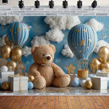Imagem de Balão de ar quente azul com urso, pano de fundo para chá de bebê, balão dourado, caixa de presente de aniversário, cenário fotográfico para meninos e meninas, perfeito para festas internas/externas