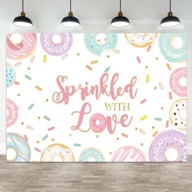 Imagem de ASDCXZ 1,5 x 0,9 m polvilhado com pano de fundo de rosquinha do amor, decoração de festa de aniversário de crianças, decoração de cabine de fotos com bolinhas coloridas, confetes, donuts, meninas, chá