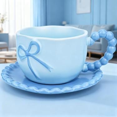 Imagem de Disoza 12 Oz Blue Bow Caneca De Café Conjunto Canecas Em Cerâmica Personalizadas Com Pires Chávena Chá Porcelana Coquette Fofa Para Mulher Rapariga