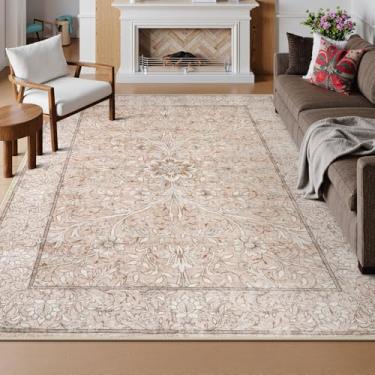 Imagem de Collive Tapetes de área de 20 x 25 cm para sala de estar, tapete lavável neutro vintage envelhecido, tapete grande floral antiderrapante pintado à mão, tapetes retrô macios para sala de jantar