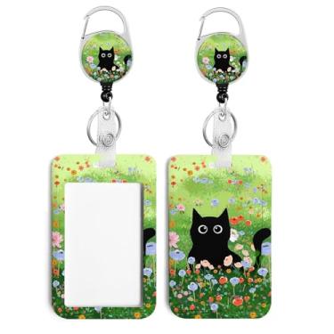 Imagem de Cordão floral de gato fofo para suporte de crachás, chaveiro retrátil, carretel de crachá fofo com clipe mosquetão de rotação de 360 graus