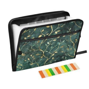 Imagem de Wassud Pasta organizadora de arquivos de papel A4, folhas douradas, folhas verdes, organizador de documentos, com etiquetas, pasta de arquivos expansível, 13 bolsos