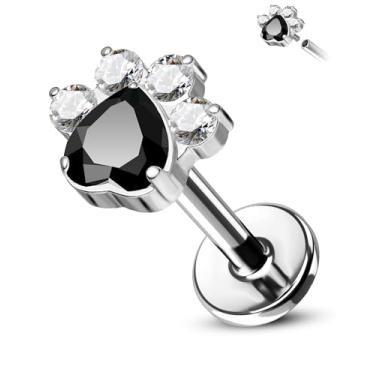 Imagem de CM Crareesi Mania Brinco de titânio com costas planas 16G rosca interna Helix Cartilagem Brincos Dog Paw Tragus Conch Forward Helix Piercing Joia para mulheres, Titânio, Zircônia cúbica