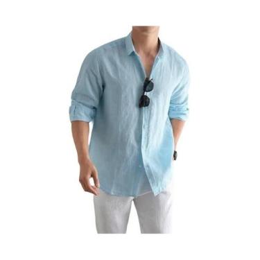 Imagem de Camisa Casual Masculina plus Size Em Linho E Algodão, Manga Longa, Pre