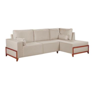 Imagem de Sofá De Canto 4 Lugares Living Fixo Com Chaise Molas Bonnel Linho Bege