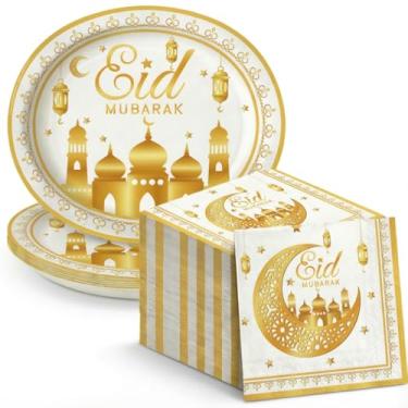 Imagem de Dereinwo 50 peças Ramadan Eid Mubarak grandes 30,5 x 25,4 cm pratos ovais e guardanapos de papel descartáveis e guardanapos para artigos de festa Eid Mubarak do Ramadã