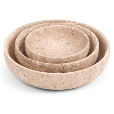 Imagem de SPESHSTONES Conjunto de 3 tigelas de travertino pequenas decorativas feitas à mão para servir molho de soja escuro, armazenamento e itens essenciais de cozinha - Conjuntos de pratos de pedra para