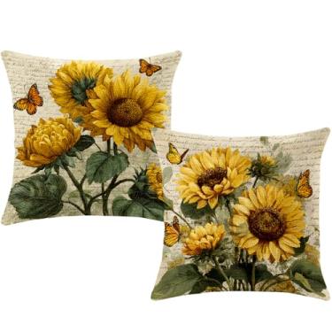 Imagem de BVBOX Conjunto de 2 capas de almofada de linho decorativas dupla face de algodão macio e linho para cama, sofá, sala de estar, quarto (girassol retrô -2, conjunto de 2)