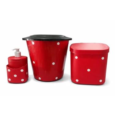 Imagem de Kit Cozinha em Plástico Vermelho com Bolinhas Brancas, Conjunto com Lixeira de Pia, Lixeira de Cozinha e Dispenser para Detergente