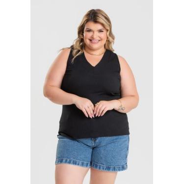 Imagem de Regata Feminina Plus Size Ribana Canelada Decote V - Serena, Preto, G1