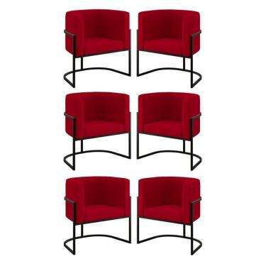 Imagem de Kit 06 Poltronas Lua Sala Decorativa Base De Ferro Black Vermelho