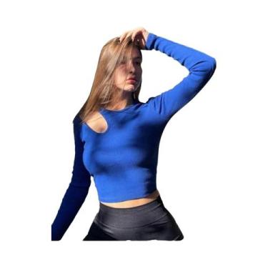 Imagem de Camiseta Cropped De Manga Longa Verde E Branca Para Mulheres, Tricotad