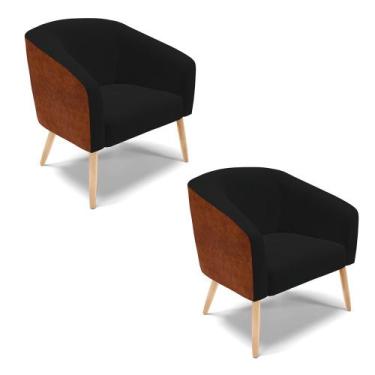 Imagem de Kit 02 Poltronas Stella Corano Nozes com Linho Preto A79 Pés Palito Na