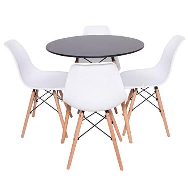 Imagem de Kit 4 Cadeiras Eiffel Brancas Base de Madeira + Mesa Redonda 70cm Preto Design Moderno para Cozinha e Sala de Jantar