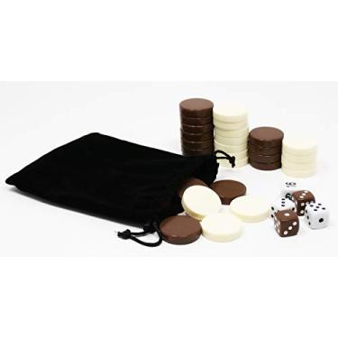 Imagem de DA VINCI Chips de jogo marrom e marfim de 3,5 cm, peças de gamão de substituição com 5 dados e saco de armazenamento de pano