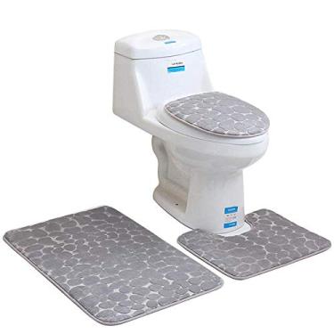 Imagem de Conjunto de tapetes de banheiro e pedestal luxuoso microfibra poliéster secagem rápida vaso sanitário antiderrapante borracha com 3 peças para banheiro e pedestal (cinza)