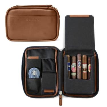 Imagem de CASE ELEGANCE Klaro Travel Cigar Case de couro, 5 compartimentos para charutos, 2 bolsos para acessórios, bolso para umidificação, proteção interna de capa dura - marrom