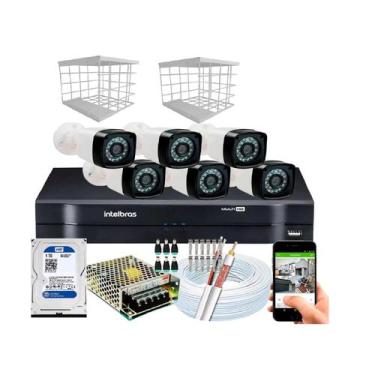 Imagem de Kit 6 Câmeras + DVR Intelbras + Câmeras HD 720p 20m Infra + Fonte, Cab
