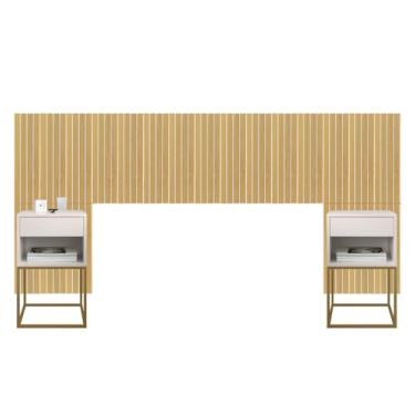 Imagem de Cabeceira Ripado em MDF Cama Casal Com 2 Mesas de Cabeceira Sofia 1 Gaveta - LH Móveis (Amadeirado - Mesa Off White/Pé Dourado)