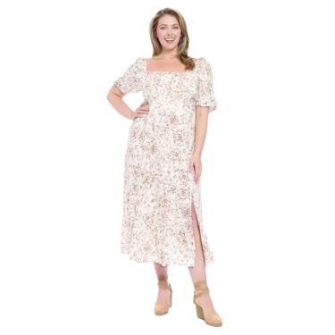 Imagem de London Times Vestido de festa feminino com gola quadrada franzida nas costas, linho, lisonjeiro, versátil, primavera, verão, jardim, Marfim/madeira de bétula, 25 Plus Size