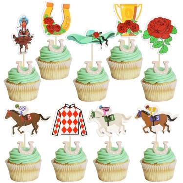 Imagem de Gyufise 36 peças de topo de cupcake de cavalo decorações equestrain roupas Jockey palitos de corrida de cavalos corrida para o topo de cupcake rosa suprimentos de festa
