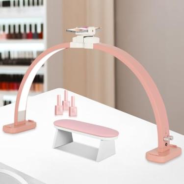 Imagem de FAHKNS Luz de meia lua para mesa de unhas com suporte de telefone, lâmpada de meia-lua dobrável atualizada de 71 cm, luz LED para manicure, extensão de cílios, tatuagem, artesanato, rosa