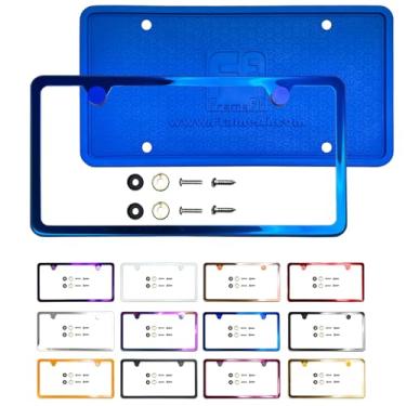 Imagem de Protetor traseiro de silicone dois furos moldura fina placa de licença combo espelho azul galvanoplastia cromo ajuste universal parafuso de alumínio tampa tampa, aço inoxidável T304, à prova de ferrugem à prova de intempéries (quantidade: 1 moldura)