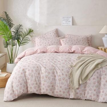 Imagem de TISPLR Conjunto de edredom king size, flor macia, 3 peças, tecido de gaze enrugado, estilo jardim, estampa floral, botânico, para todas as estações, luxo, calor, confortável, respirável com 2 fronhas