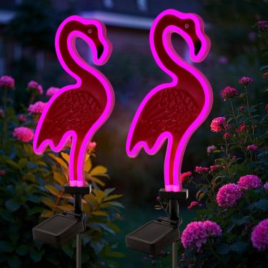 Imagem de Luz Solar Flamingo Rosa Neon – Conjunto de 2 Estacas de Metal Jardim 106,6 cm Iluminação de Caminho para Decoração de Quintal Gramado Pátio Passarela