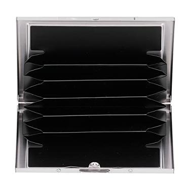 Imagem de GLOGLOW Porta-cartão de crédito para homens e mulheres, estojo de cartão de aço inoxidável durável com 6 compartimentos para cartão, design de botão oculto antimagnético, cartão de forro de PVC, Preto
