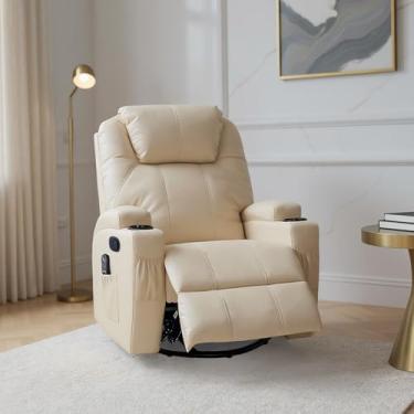 Imagem de Poltrona do Papai Reclinável Manual Vector Base Giratória Massagem Aquecimento e Porta Copos PU Bege G94 - Gran Belo