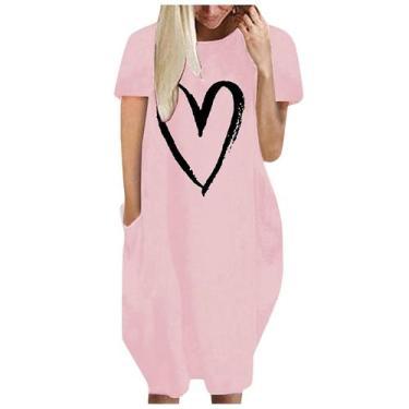 Imagem de Moda Feminina Loose Love Print O-neck Bolsos Casual Vestido de mangas 