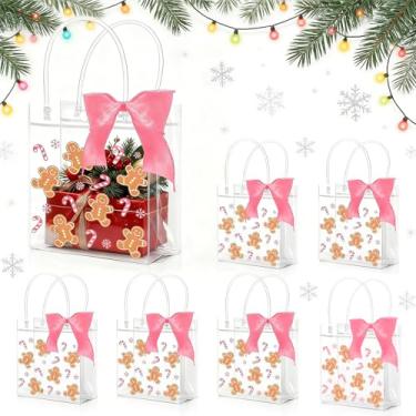 Imagem de JarThenaAMCS 24 peças de sacolas de presente de PVC transparente de Natal com rolo de fita para homens de gengibre bengala doce sacolas de lembrancinhas de festa rosa marrom com alça para