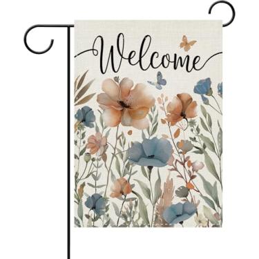 Imagem de Dyrenson Welcome Primavera Verão Tema Floral Bandeira de Jardim Decorativo, Flor de Papoula Aquarela Jardim Botânico Exterior Decoração de Casa, Borboleta Sazonal Serapilheira Exterior Pequena