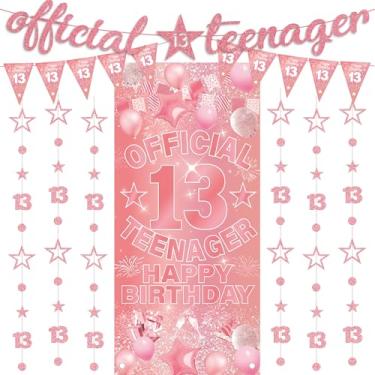 Imagem de Faixa de decoração de aniversário de 13 anos para meninas - 9 peças ouro rosa glitter faixa oficial adolescente pano de fundo porta glitter estrela guirlanda pendurada flâmula bandeira bandeira para