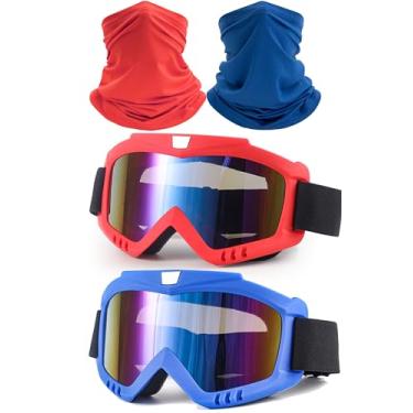 Imagem de immoono Pacote com 2 óculos Dirt Bike – Óculos de corrida para motocicleta, quadriciclo, equitação, esqui, à prova de vento, lentes coloridas com armação azul e vermelha