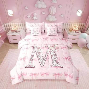 Imagem de Erosebridal Conjunto de cama solteiro com letra M, alfabeto rosa, laço e laço | Corações de amor, kawaii, conjunto de edredom com laço, para meninas e crianças, conjunto de cama com flores