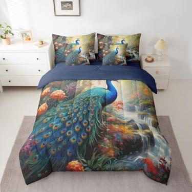 Imagem de Erosebridal Conjunto de lençol solteiro de pavão, 7 peças, para crianças, meninas, meninos, animais selvagens, beleza, pássaros, flores