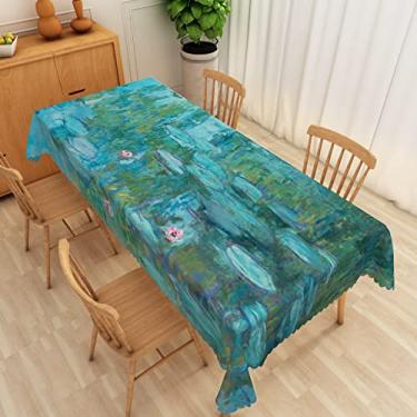Imagem de SIEDYCV Toalha de mesa retangular com pintura a óleo, 152 x 250 cm, retrô, lagoa de verão, folha de lótus, rosa, azul lótus, verde, tecido de poliéster, à prova de óleo, lavável, para decoração de