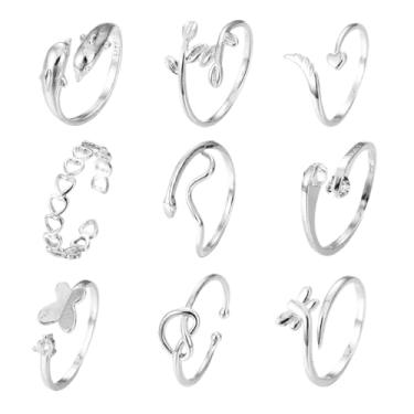 Imagem de Conjunto de anéis de dedo do pé com 9 peças de anel de dedo do pé vintage com abertura de liga vazada, anel de dedo de cristal, roupa de praia, 9pcs, Sem pedra preciosa