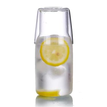 Imagem de Conjunto de garrafa de água de cabeceira de 500 ml com copo para mesa de cabeceira de quarto, dispensador de enxaguante bucal de vidro borossilicato transparente para banheiro, jarra de água com leite