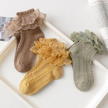 Imagem de Meias De Algodão Com Renda Para Meninas, 3 Pares, Verão, Branco E Pret