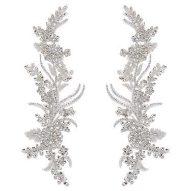 Imagem de FINGERINSPIRE 1 par de apliques de renda com strass, 33 x 11 x 0,5 cm, bordado floral branco feito à mão com contas de renda e strass, aplique de contas para roupas DIY e decoração de artesanato