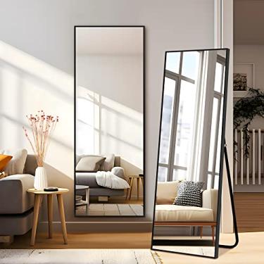Imagem de Pexfix Espelho de corpo inteiro espelho de comprimento total com moldura de liga de alumínio preta espelho de comprimento total com suporte espelho montado na parede espelho suspenso para parede quarto banheiro decoração de sala de estar, 47" × 16"