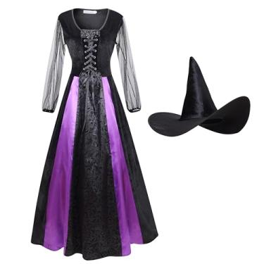 Imagem de yolsun Fantasia de bruxa feminina, vestido de bruxa malvada, fantasia de bruxa de bruxa, Halloween, Preto, roxo, P