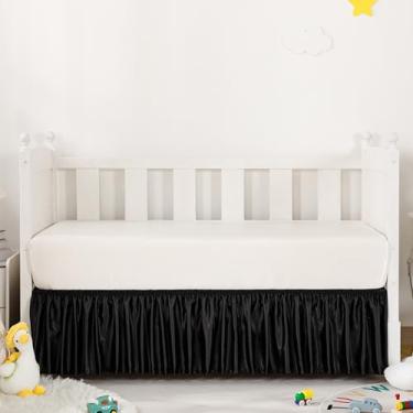 Imagem de Counfeisly Saia para cama de berço de cetim preto, 132 x 71 cm com saia de berço macia e sedosa de 35,5 cm para bebês meninas ou meninos, adequada para berço padrão e roupa de cama infantil