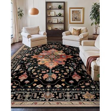 Imagem de RELEANY Tapetes de área 25 x 35 cm, lavável, antiderrapante, estampa floral, vintage, tapete medalhão para sala de estar, quarto, sala de jantar, preto, colorido, floral, castanho-escuro