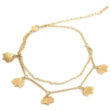 Imagem de Tornozeleira Dupla Feminina Folha Maple Em Aço Inox Presente - Euro Im