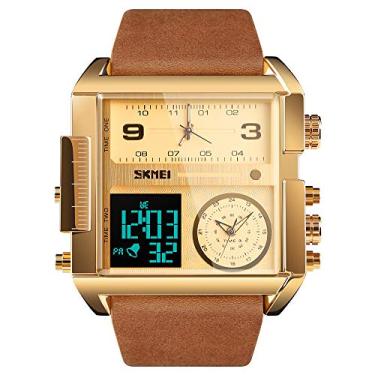 Imagem de SKMEI Relógio esportivo digital masculino, LED quadrado, mostrador grande, analógico, quartzo, cronômetro à prova d'água com vários fusos horários, Marrom dourado, 2.17*2*0.59 inch, Casual