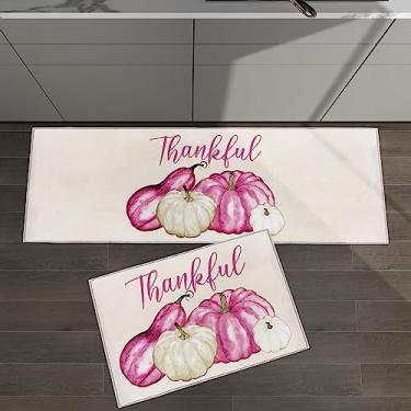 Imagem de Conjunto de 2 tapetes de cozinha de Ação de Graças Outono Branco Rosa Abóbora para Piso Acolchoados Tapetes e Tapetes Antiderrapantes Absorventes Runner Conforto Tapete Permanente